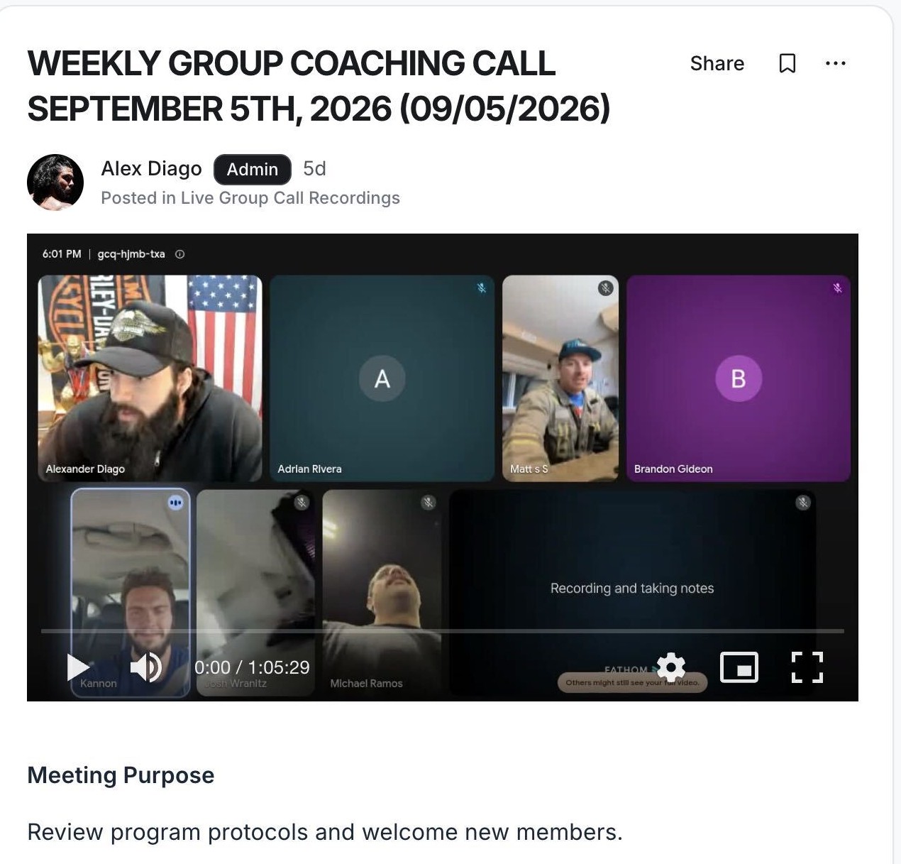Weekly group coaching call inside the DFIT Brotherhood with Alex Diago and members